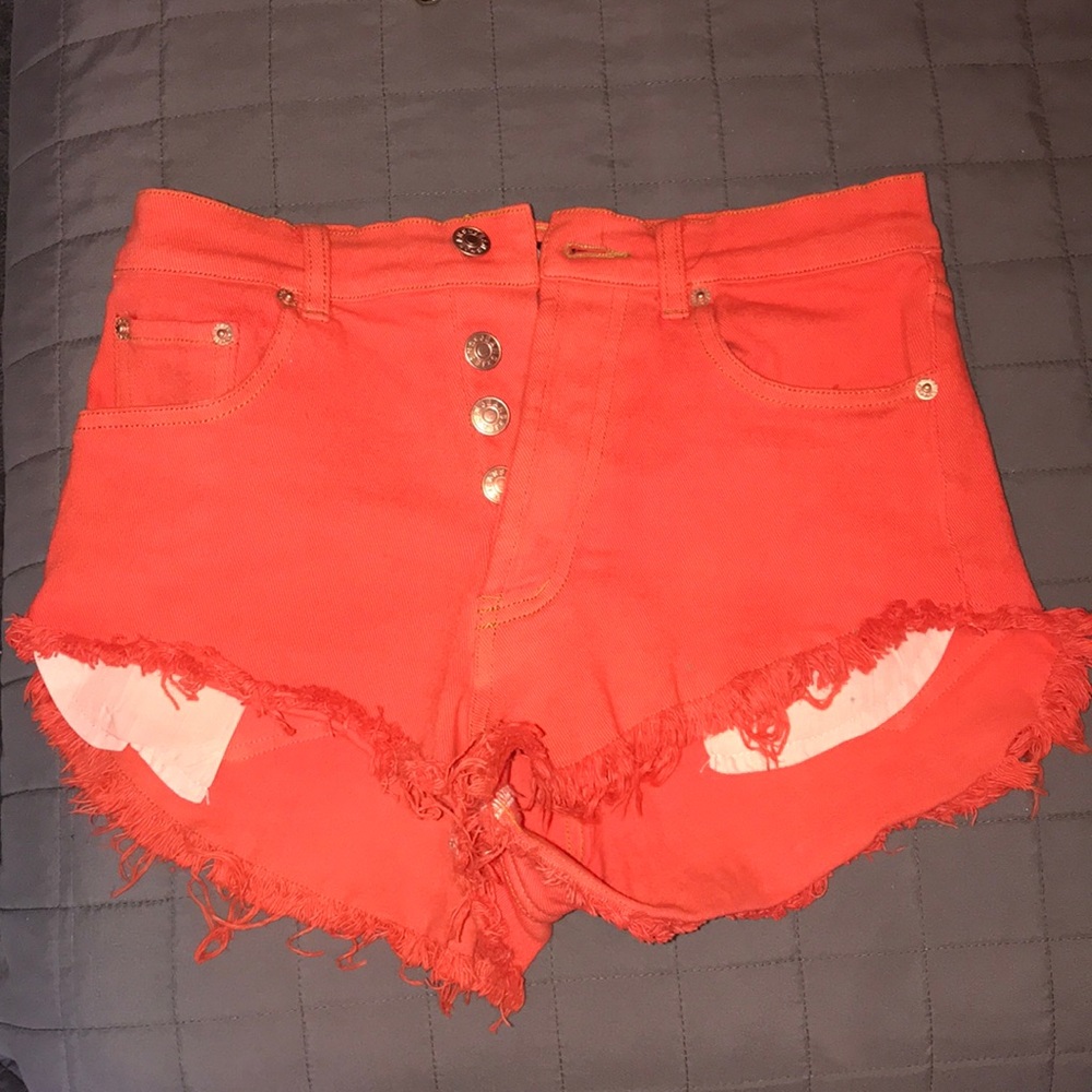 Orange high rise denim shorts